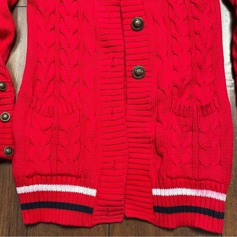 Vintage Twisted Cable Knit Sweater Long Cardigan Red Crest Rampant Lion Buttons - Picture 3 of 11